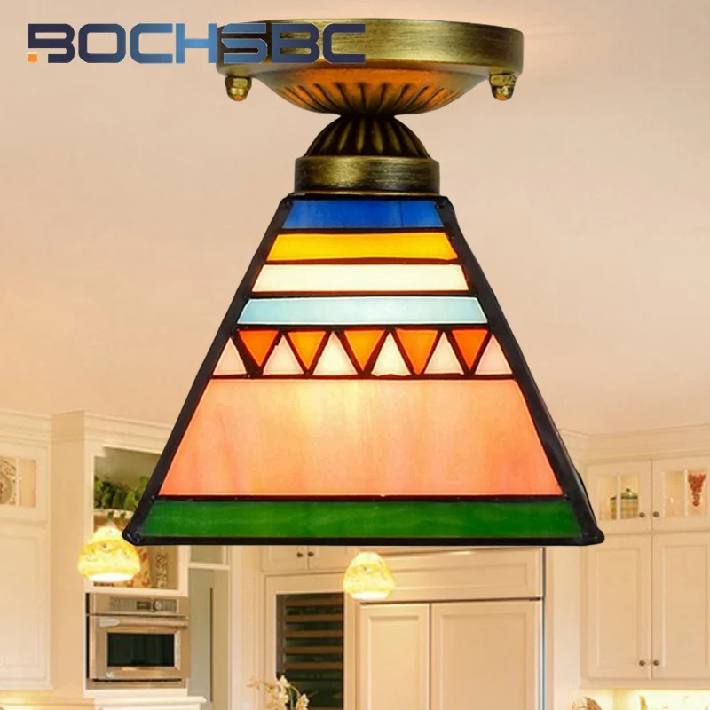 

BOCHSBC Tiffany style stained glass 6 inch pyramid chandelier ceiling light for bedroom hallway hallway balcony LED decor