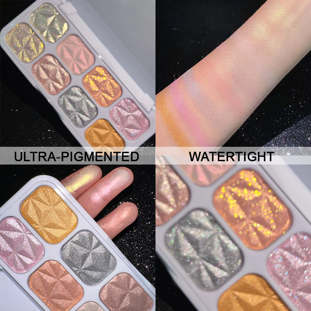 

8 Colors Diamond Glitter Shimmer Highlighter Palette for Face and Body Blend and Bronze with Ease Brightens Collarbone Neck Arm