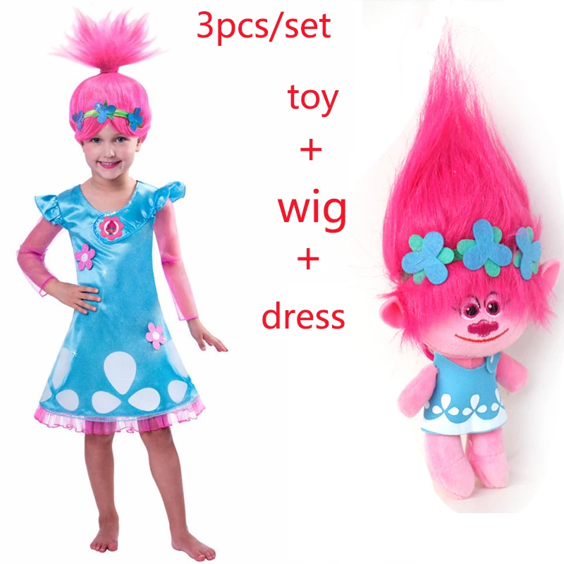 New Baby girls Cartoon Trolls Poppy Dress wig and toy Summer Children Girl Halloween carnival Cosplay costume Princess Dresses