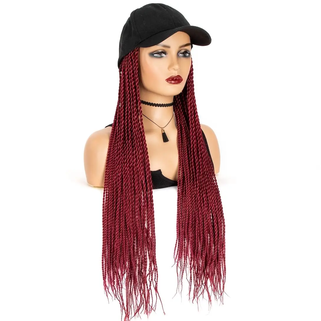 WIGERA Long 24inch Braided Synthetic Wig With Baseball Cap Hot Sale Two-strand Spring Braids Bug# Hair Extensions With Hat