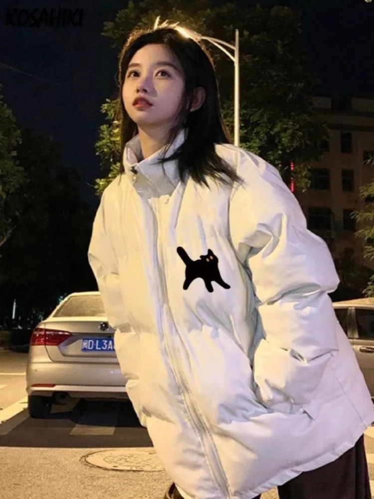 2024 Y2k Aesthetic Cat Print Parkas Women Harajuku Casual Loose Zipper Jackets Tops Winter Vintage Harajuku Simple Pocket Coats