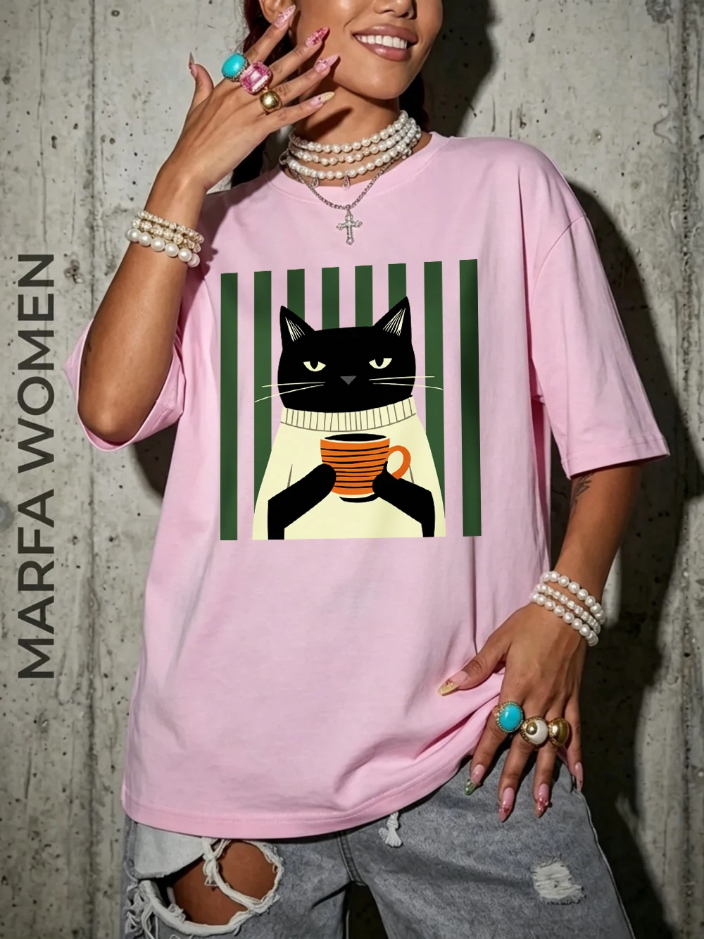 Schwarze Katze Kaffeetassen-Druck Baumwoll-T-Shirts Damen Sommer Oversized Tops Lässige Weiche Kurzarm-T-Shirts Basic O-Ausschnitt Kleidung – Detail 15