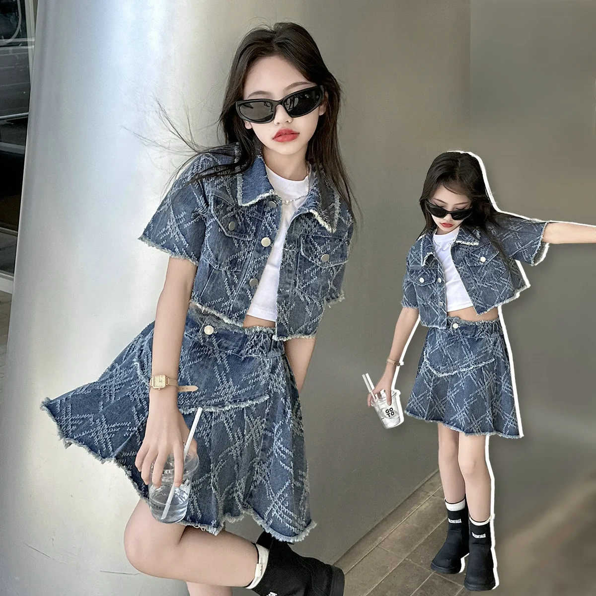 summer teen girls denim skirt clothes set short Brushed denim jacket+Pleated skirt 2pcs kid suit child outfit conjuntos de falda