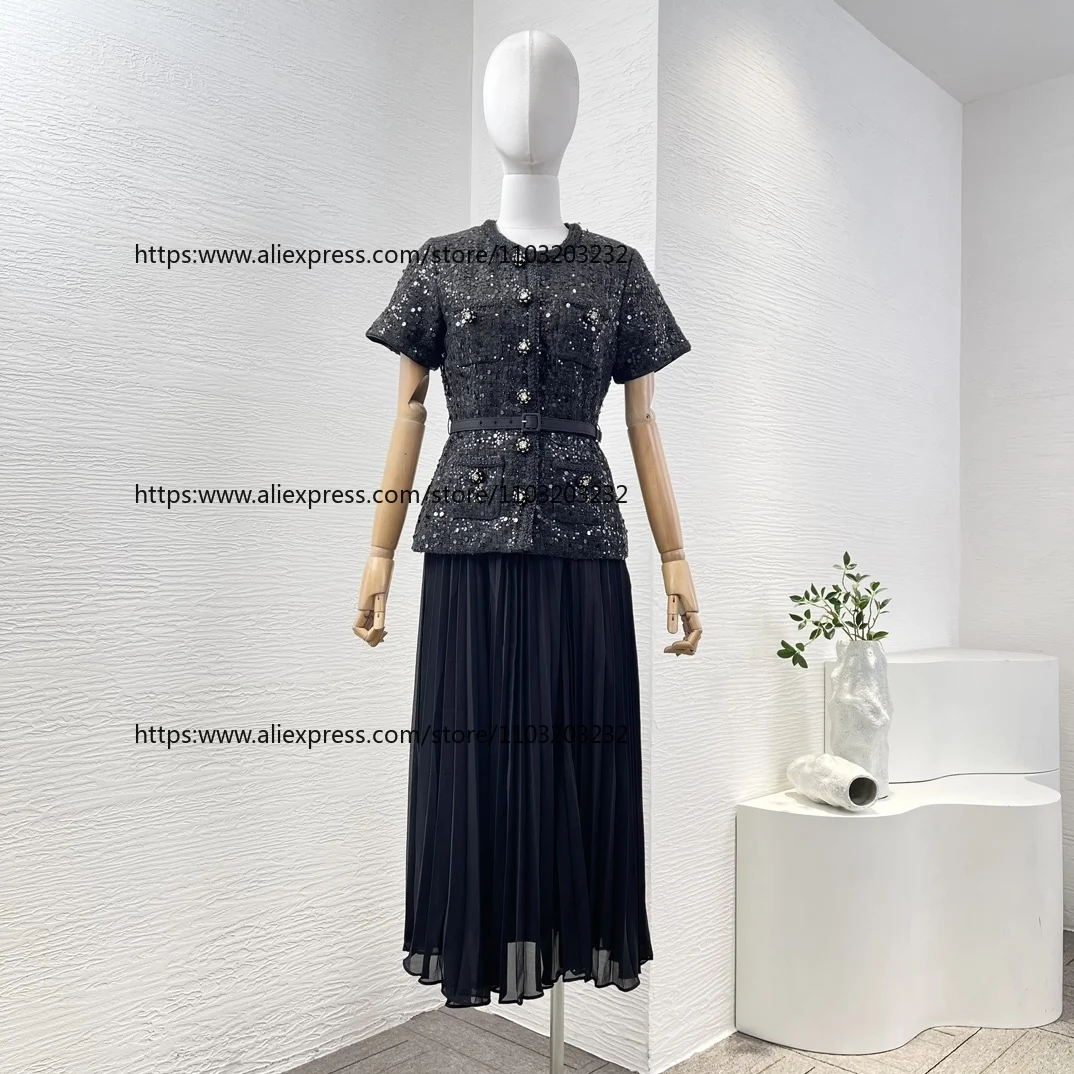 

Top Quality Black Short Sleeve Diamonds Pressed Knit Pleat Ruched Midi Dress