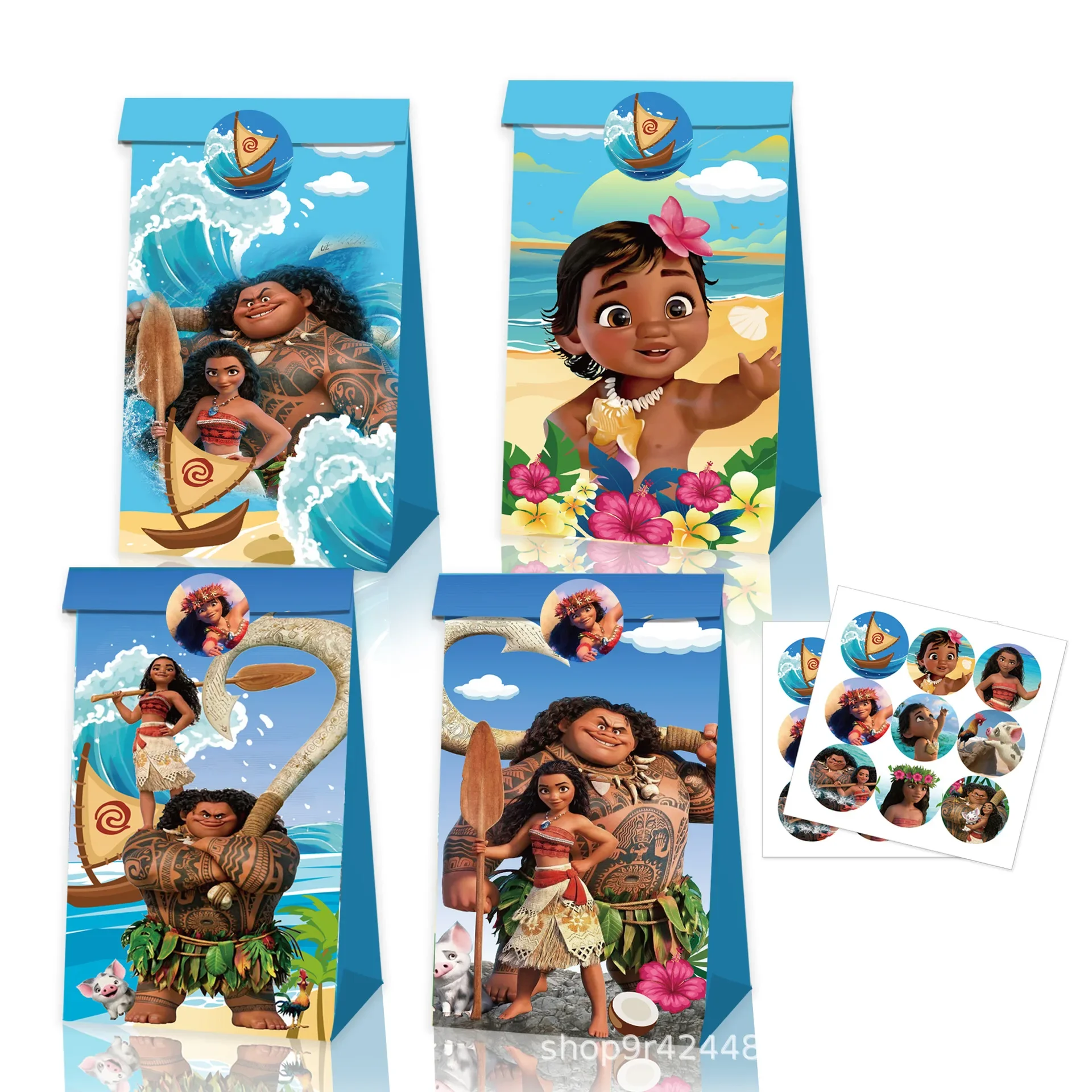 

12pcs Disney Moana Gift Bag Children's Birthday Party Gift Kraft Paper Bag Sticker Set Maui Moana Theme Party Supplies