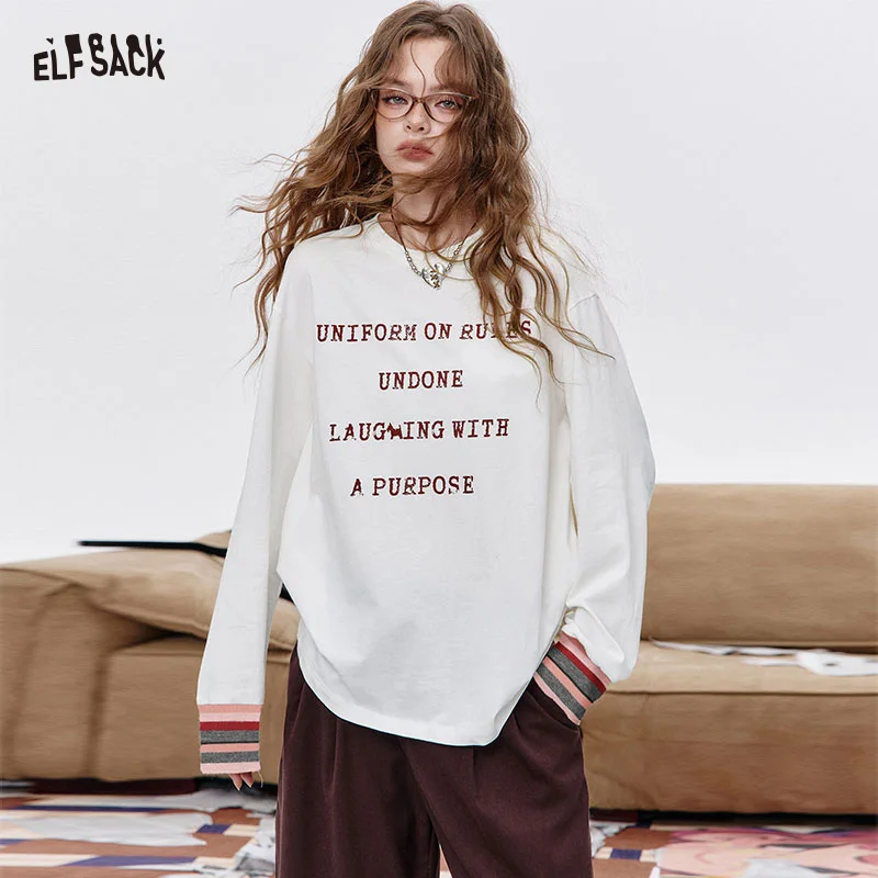 

ELFSACK 2025 Autumn New Arrival Casual Letter Print Minimalist Long Sleeve T-Shirt For Woman