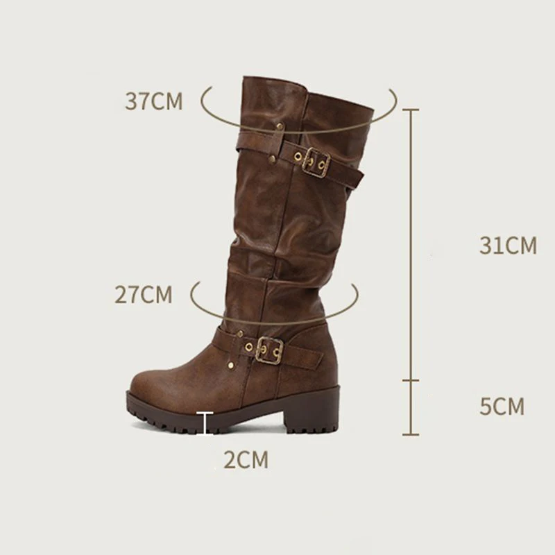 

REAVE CAT 2025 Винтажные женские сапоги до колена с круглым носком на массивном каблуке 5 см на платформе 2 см без шнуровки с пряжками на ремне, большой размер 43 44 45