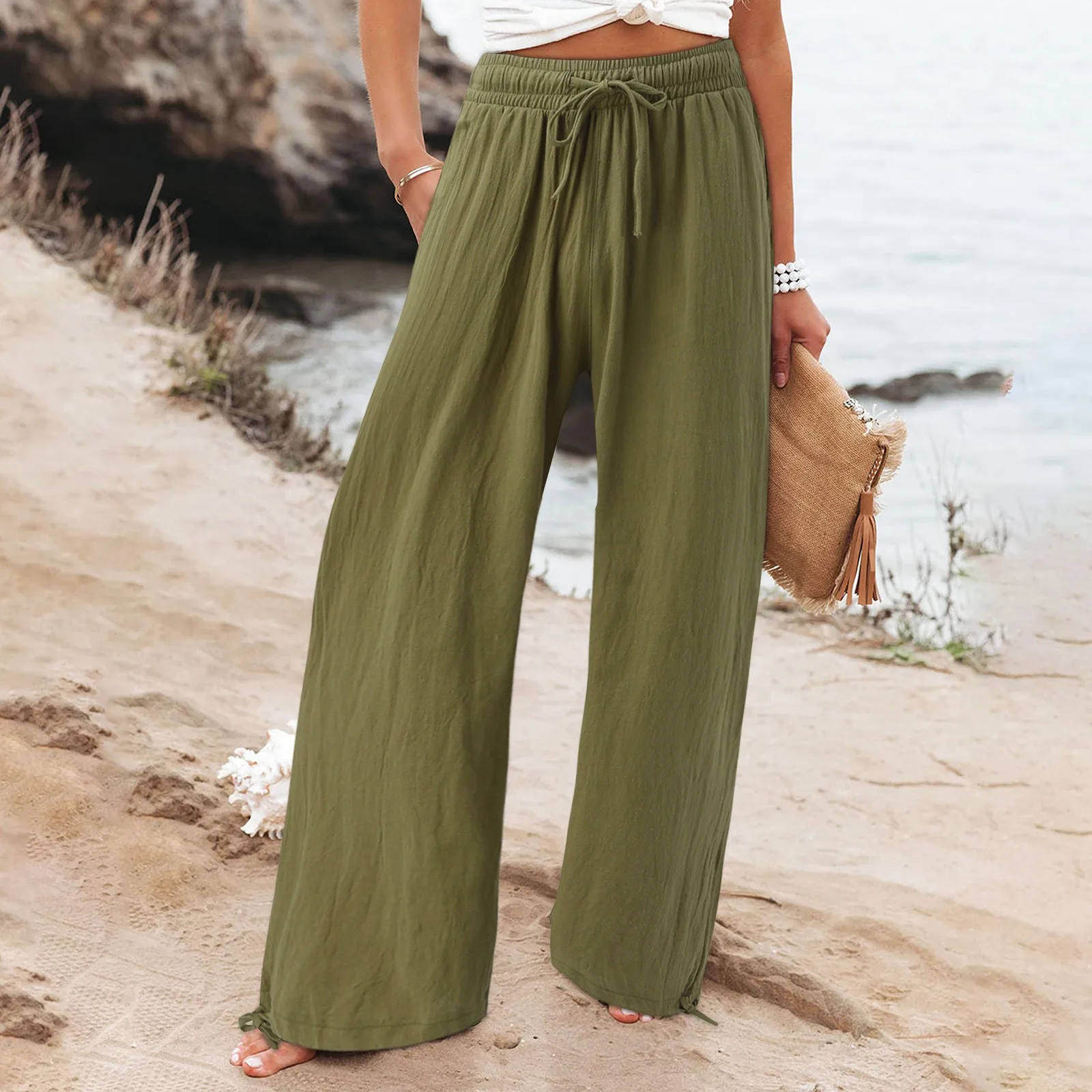 

Cotton Linen Beach Wide Leg Long Pants Elegance Outdoor Sport Casual Office Commute Trousers With Pcokets High Wasit Draped Pant