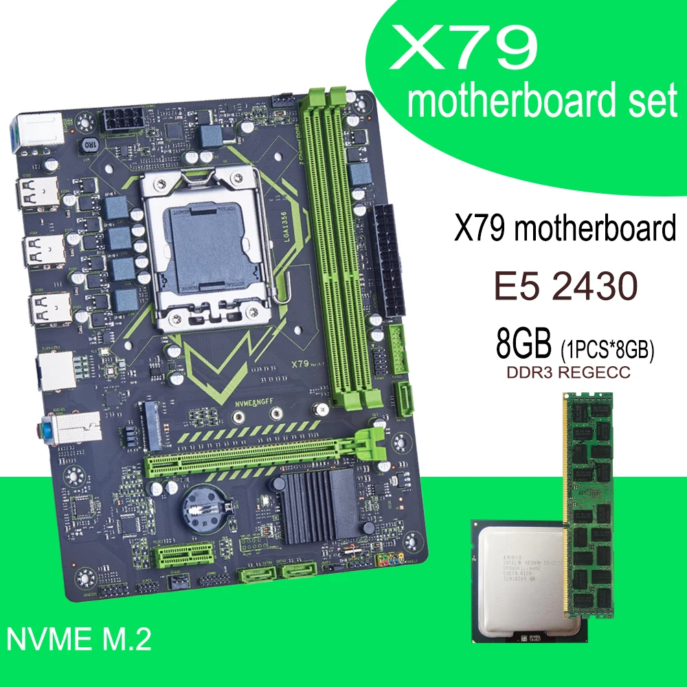 Placa-mãe Qiyida X79 com processador E5 2430, kit combo de memória 1*8GB=8GB DDR3 REG ECC, conjunto NVME NGFF M.2 SATA USB M ATX para servidor, soquete TPM2.0.