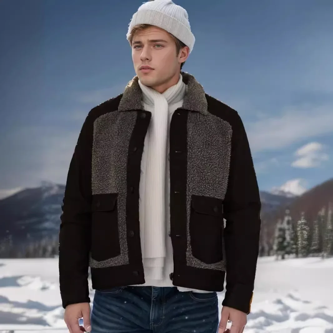 2024 Autumn and Winter New Products, European and American Men's Lamb Wool Patchwork Wool Coat, European Version Jacket for Men