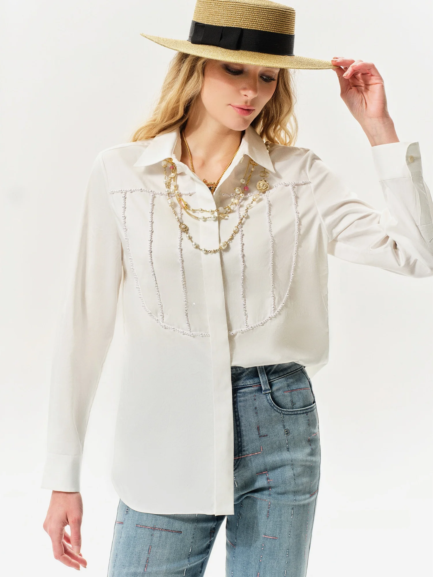 

Blanini Handmade Pearl Chain Cotton irt for Girls High Yarn Strong Twist PIMA Cotton White irt Breathable Thin Lo...