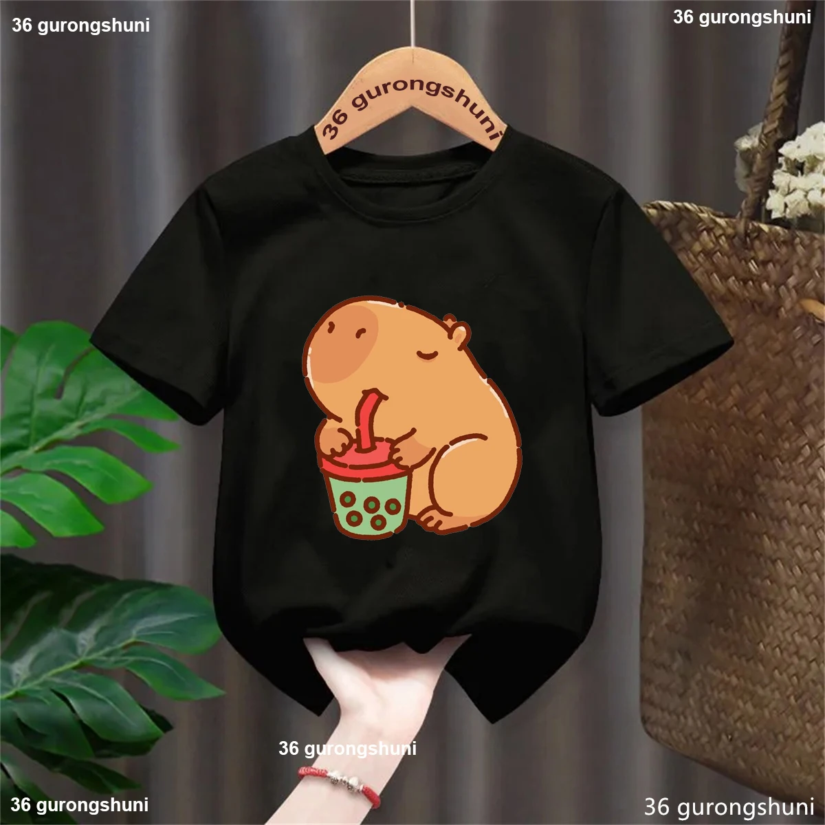 New Arrival 2025 Funny T Shirt Girls/Boys Capybara Love Boba Cartoon Printed Tshirt Kawaii Kids Clothes 3-13 Years Solid T-Shirt