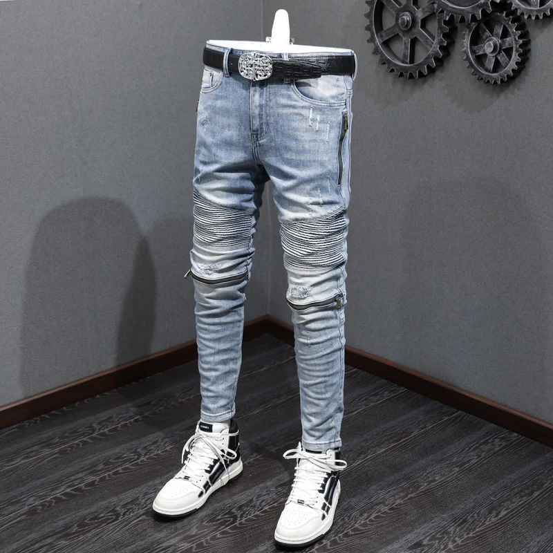 High Street Fashion Men Jeans Retro Light Blue Slim Fit Elastic Zippers Spliced Designer Biker Jeans Patched Hip Hop Pants Men