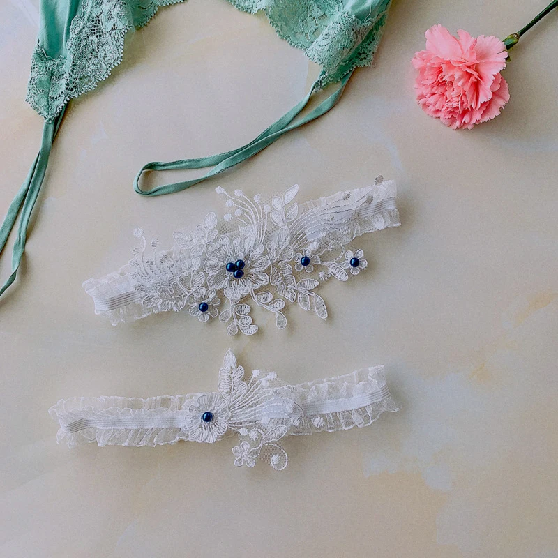 2Pcs Sexy Lace Leg Loop Rhinestones Pearls Flower Wedding Thigh Leg Garter Women Girls Party Photography Garters Accessories