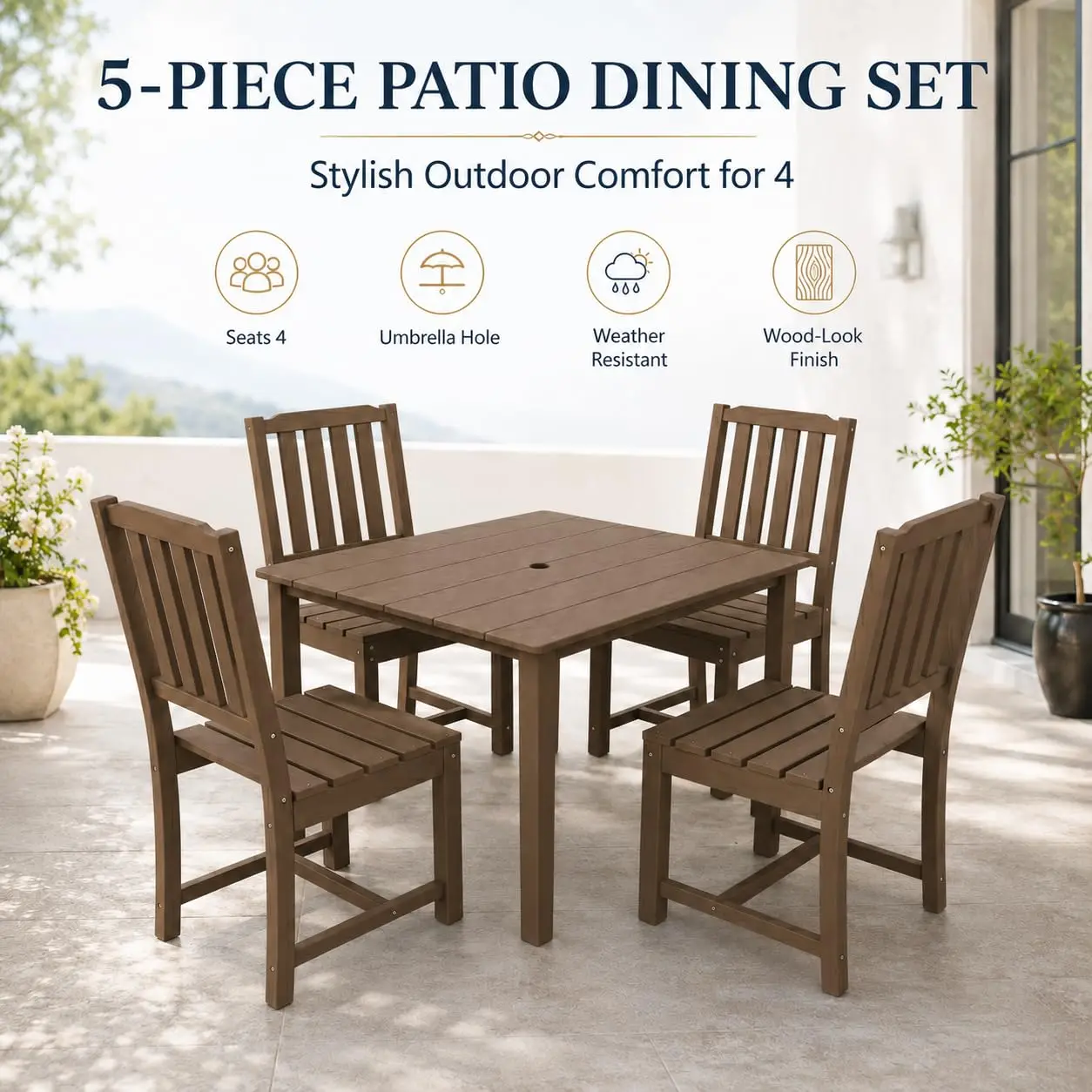 5-Piece HDPE Outdoor Dining Set Square Table & Chairs for 4 All Weather Umbrella Hole Backyard Deck, Customized