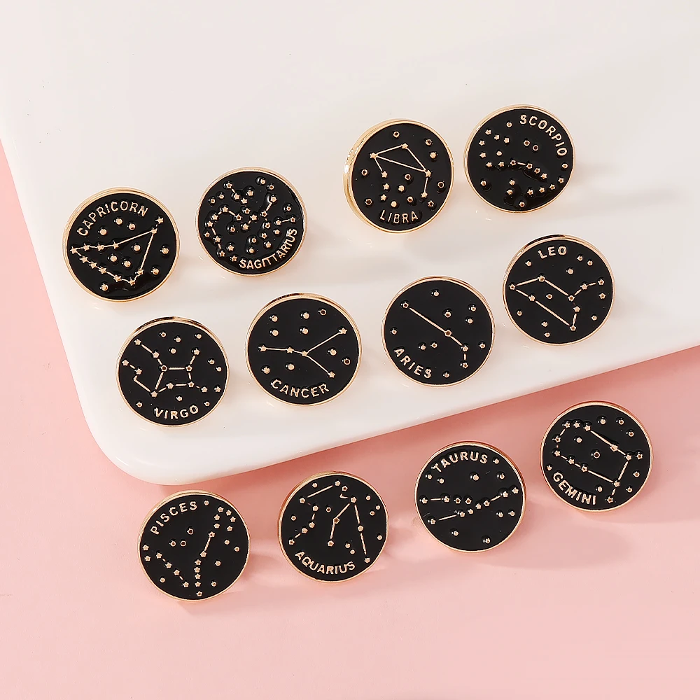 The Zodiac Collection Enamel Pins Twelve Constellations Gemini Taurus Capricorn Sagittarius Pisces Round Brooches