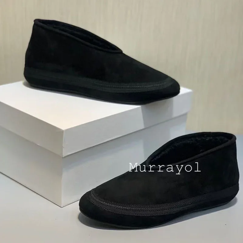 Round Toe Cow Suede Flat Thick Bottom Snow Boots Women Shallow Mouth Lazy Loafers Winter Real Wool Lining Ankle Botas Mujer