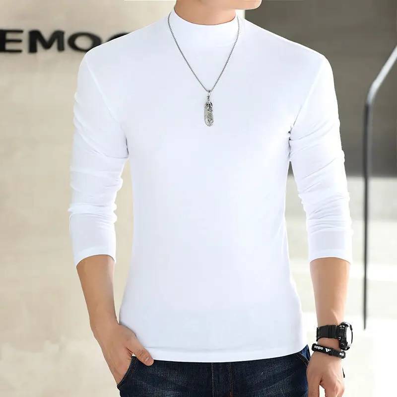 Casual Tees Turtleneck Long Sleeve T-Shirt Men's Plus Size 5XL Shirt Korean Spring Summer Solid  Half High Collar Bottom Shirt