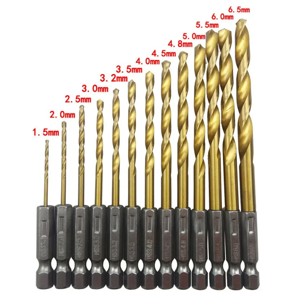 13pcs HSS High Steel Drill Bit Set, Hex Shank Bits 1 5mm 6 5mm, Long lasting and Suitable for Woodworking and More