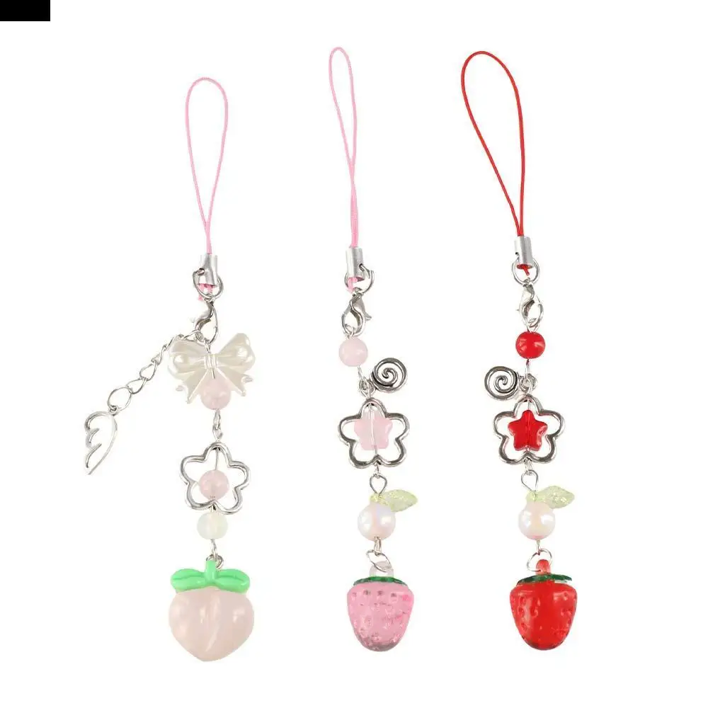 

Sweet Y2K Strawberry Phone Lanyard Beaded Pendant Fruits Phone Chain Pink Red Peach Phone Strap Charm Cellphone Keychain