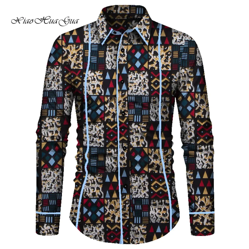

Patchwork Print Men Shirt African Clothes Mens Ankara Patterns Long Sleeve Tops Casual Male African Men Tops Shirts WYN915