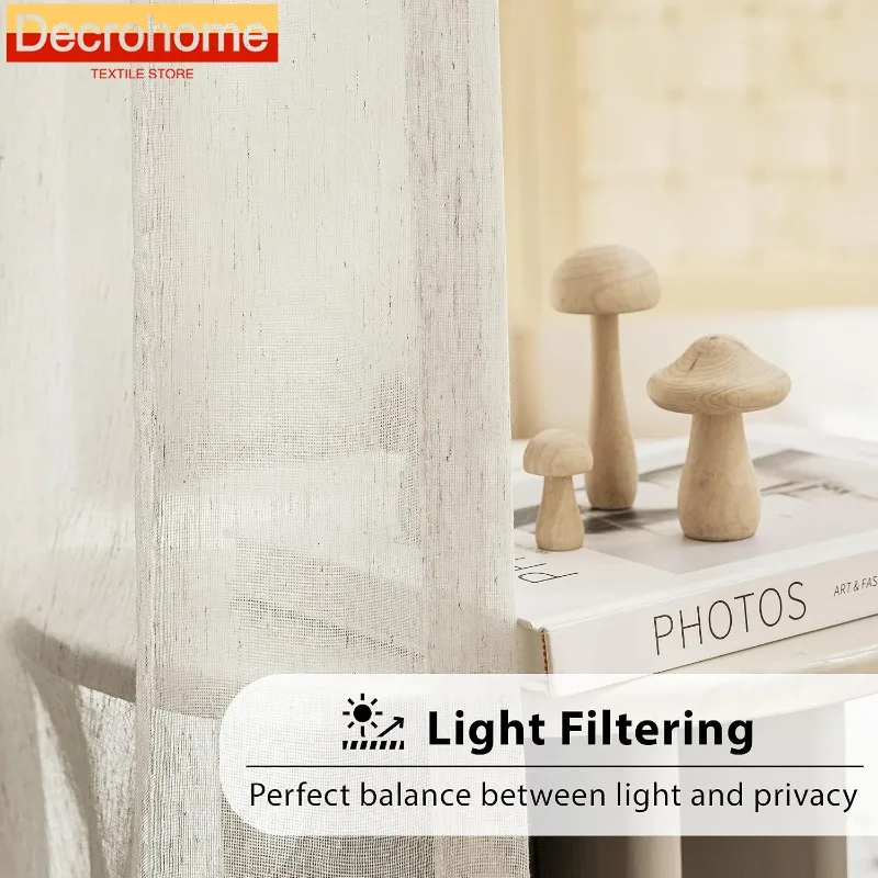 Linen Sheer Beige Curtains for Bedroom Living Room Natural Flax Blend Window Draperies for Farmhouse Curtain Decoration 창문커텐