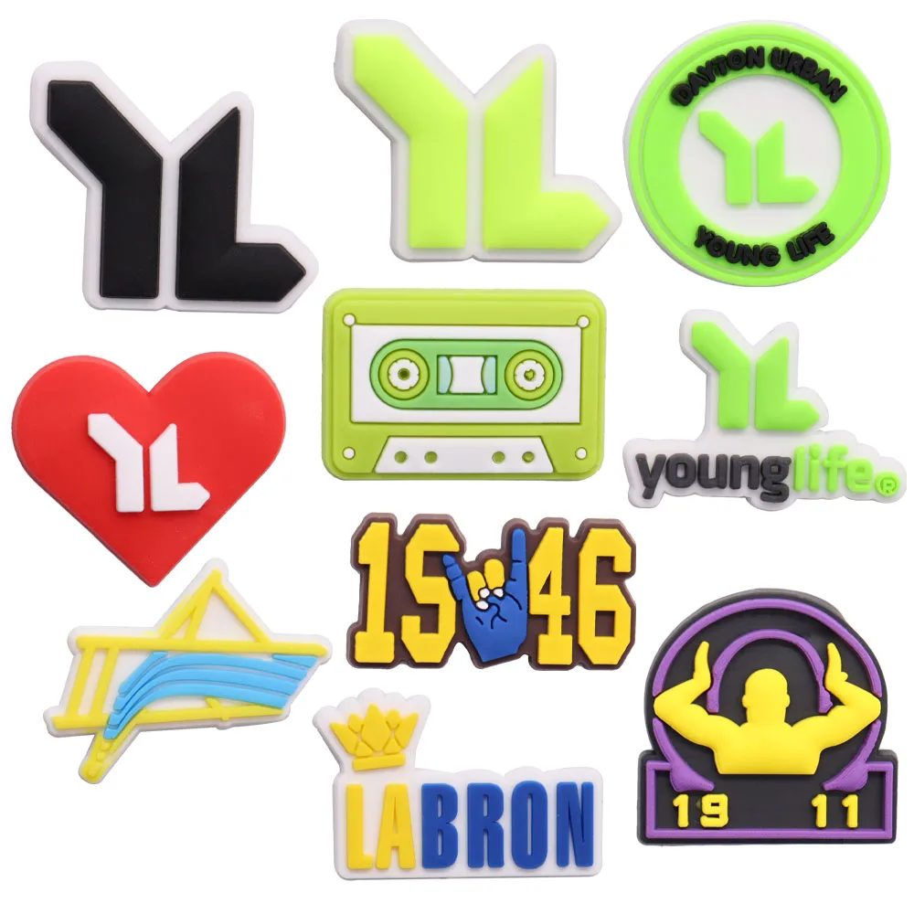 1PCS PVC Cute Cartoon Shoe Charms Young Life 1946 YL Labron Tape Buckle Clog Wristbands Garden Shoes Decoration Holiday Present