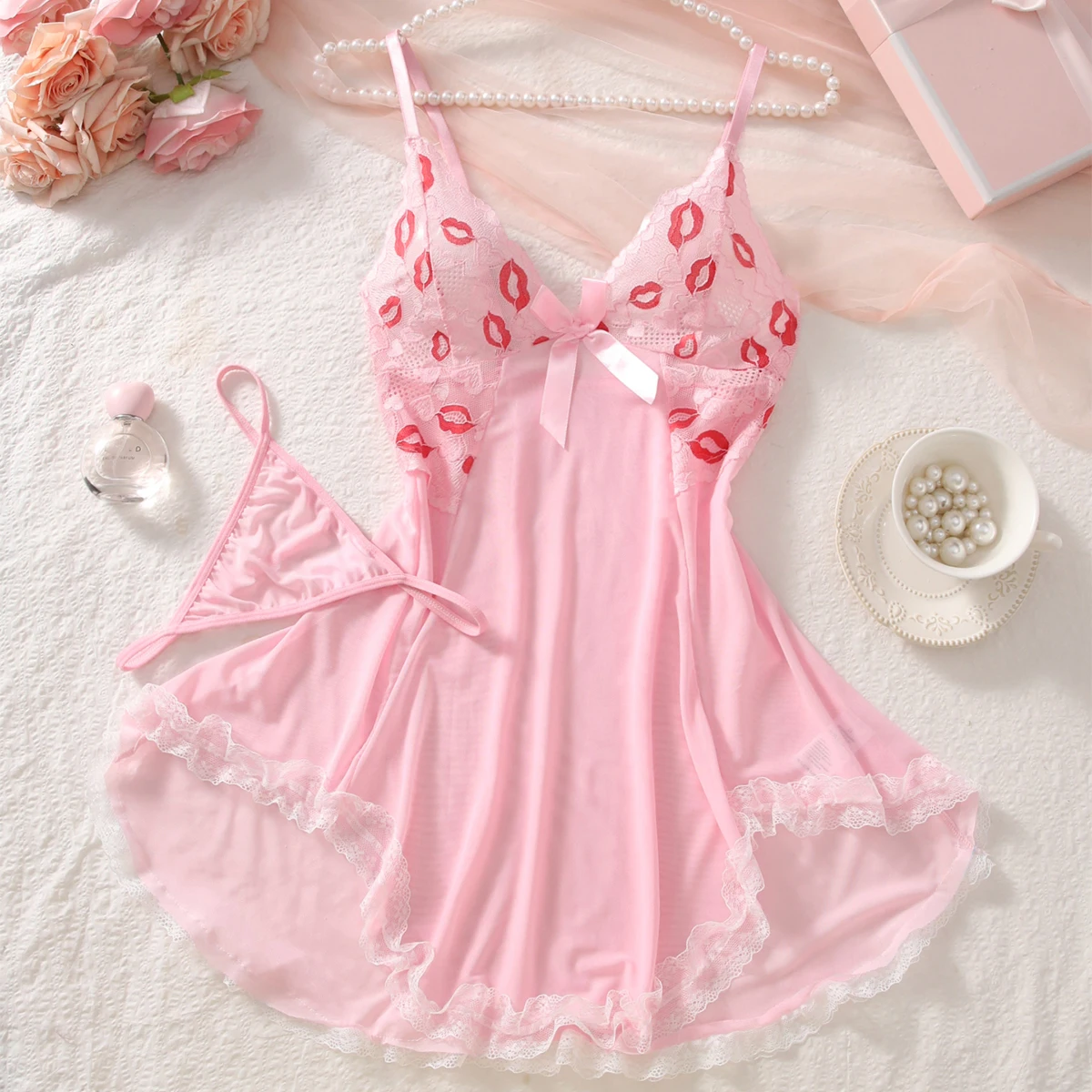 G-string & Nightgown Set For Woman Sexy Nightdress Ultra-thin Pink See-through Pajama Sets Lace Sleepwear Suspender Lingerie