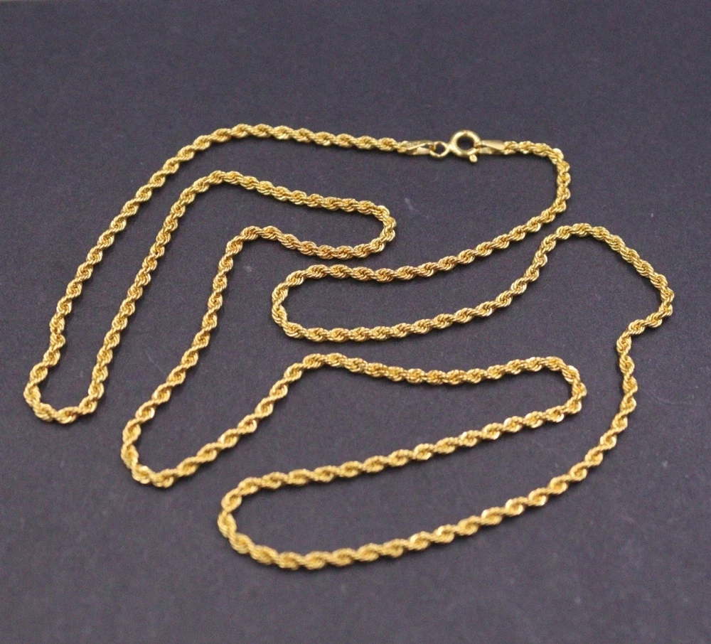 Real Pure 18K Yellow Gold Chain Women Lucky 2mm Width Twist Rope Necklace 3.2g/50cm