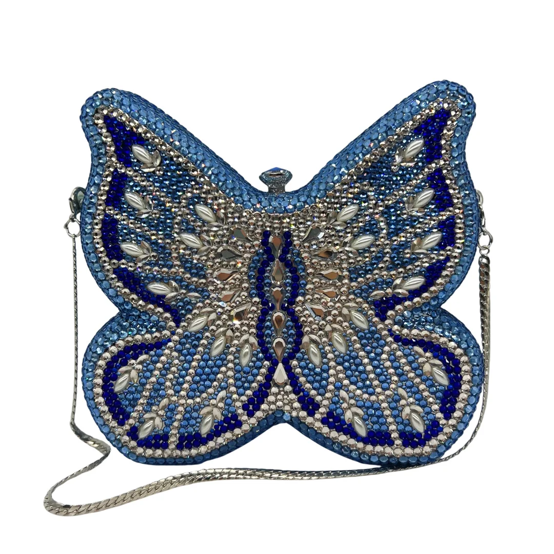 

XIYUAN Butterfly Shaped Blue Rhinestones Evening Bag Lady Luxury Crystal Handbag Wedding Bridal Clutch Full Diamonds Party Purse