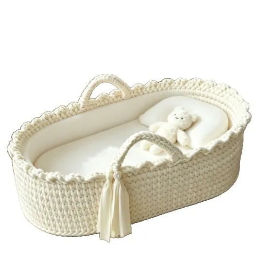 Hand Crochet Moses Cradle Hand Framed Cotton Rope Knitted Crib Baby Centennial Gift