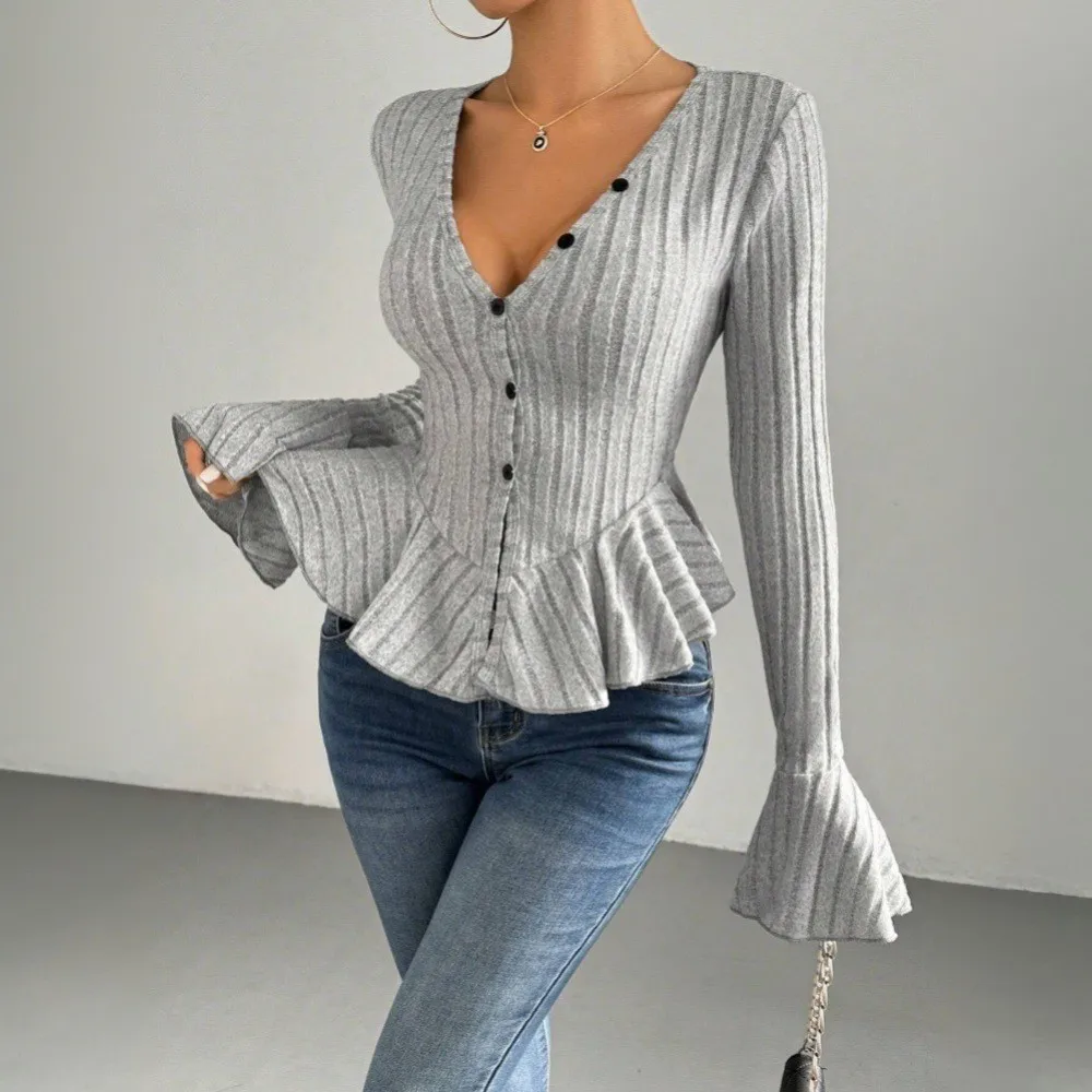 Women's V Neck Ruffle Long Sleeve Flared Slim Fit Solid Color Elegant Blouse Cardigan For Women Cardigan Women Long Cardigan