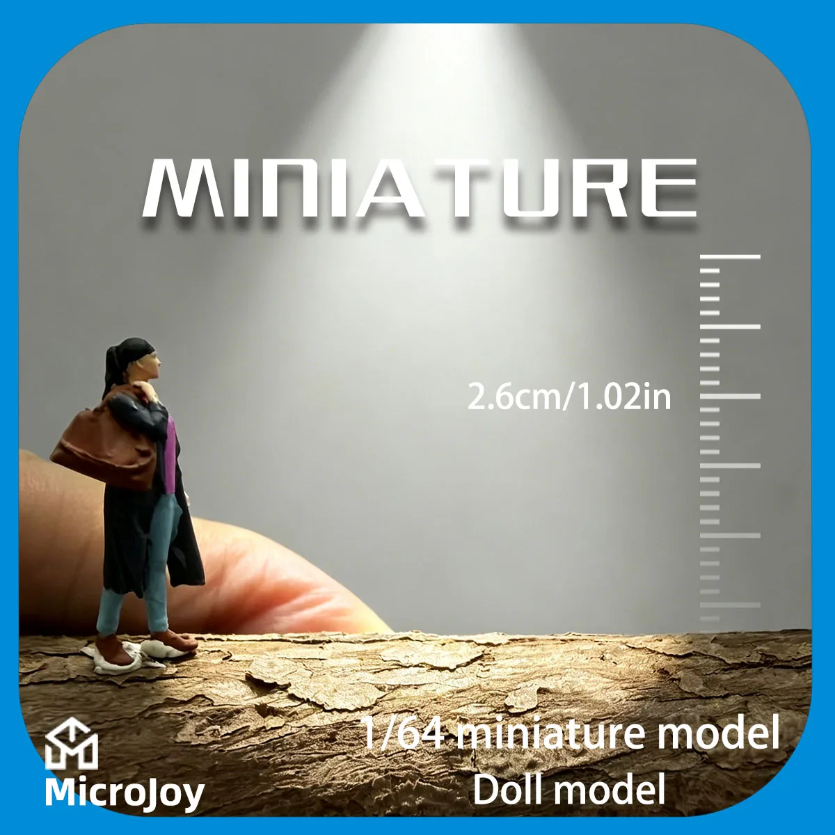 Miniature figure model in 1:64 scale, female figure with coat and large bag suitable for HO scale train dioramas, DIY scenery, creative scenes, mini scene combinations, and miniature scene accessories
