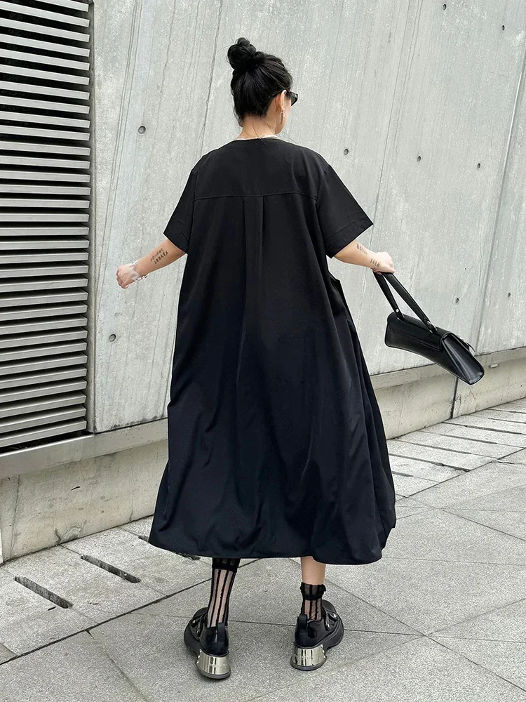 XITAO Asymmetrical Pleated Dress Loose Fashion Solid Color Splicing Short Sleeve Dress Summer Casual New Loose Women HQQ2310