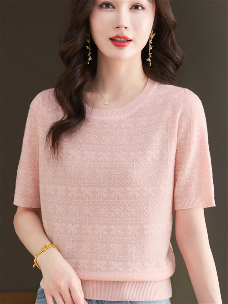 

Summer New round Ne ort Sve Knitted Ice Silk Top for Young Mothers Faionable Lady Thin Small irt Mother's Day Gift
