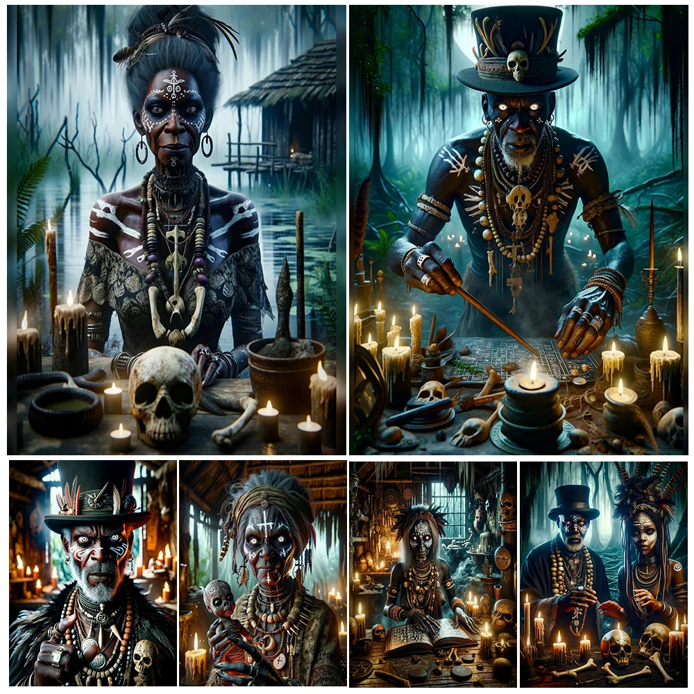 

Haiti Vodou Witch,Art Poster And Print,Creepy Black Magic Shaman And Wizard,Horror Wall Art ,Canvas Painting,Home Decor Unframed