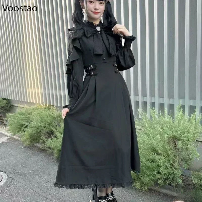 Japanese Style Gothic Y2k Lolita Dress Bow Lace Ruffles Long Sleeve Elegant Midi Dresses Sweet Women Casual Punk Party Vestidos