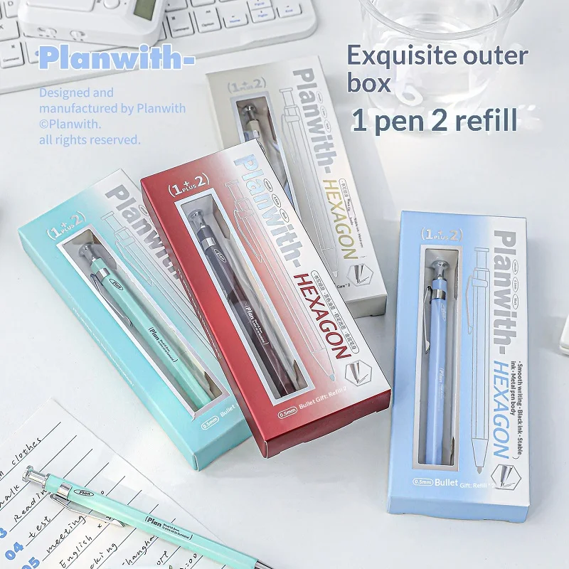 

Ручка-роллер Planwith Metal Gel Pen Press, быстросохнущая, шариковая, 1 ручка и 2 сменных стержня, шестигранный корпус, не скатывается, 0.5 мм, черная, канцелярские товары