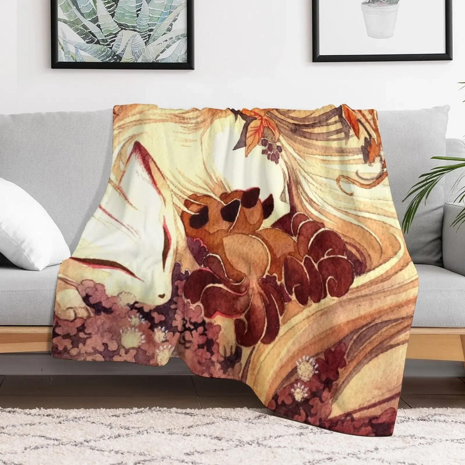 Ninetailed Kitsune Fox with Kits Throw Blanket Shaggy Giant Sofa Plaid Blankets