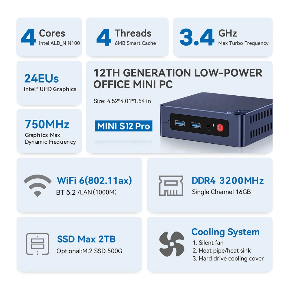 Beelink Min S12 Pro N100 Gamer Mini PC Intel 12th 16GB 512GB SSD