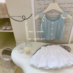 Girls Suits Children 2024 New Spring and Summer Girls Summer Hollowed-out Sweater Set Vest Halter Pod Skirt Two-piece Set