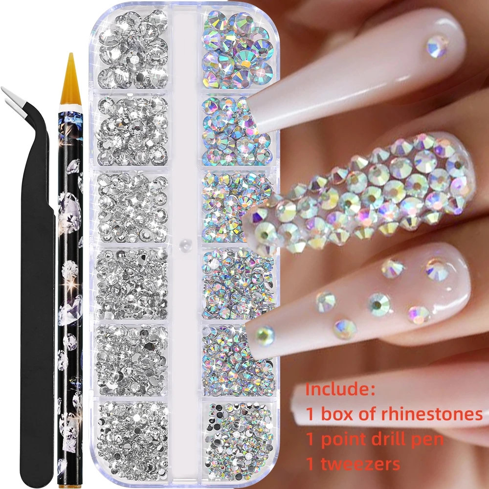 12Gird 3D Glas AB Kristall Nail Art Strass Kit Flatback Runde Perle Charm Edelsteine Schmuck Diamant mit Werkzeugen für Nail Art