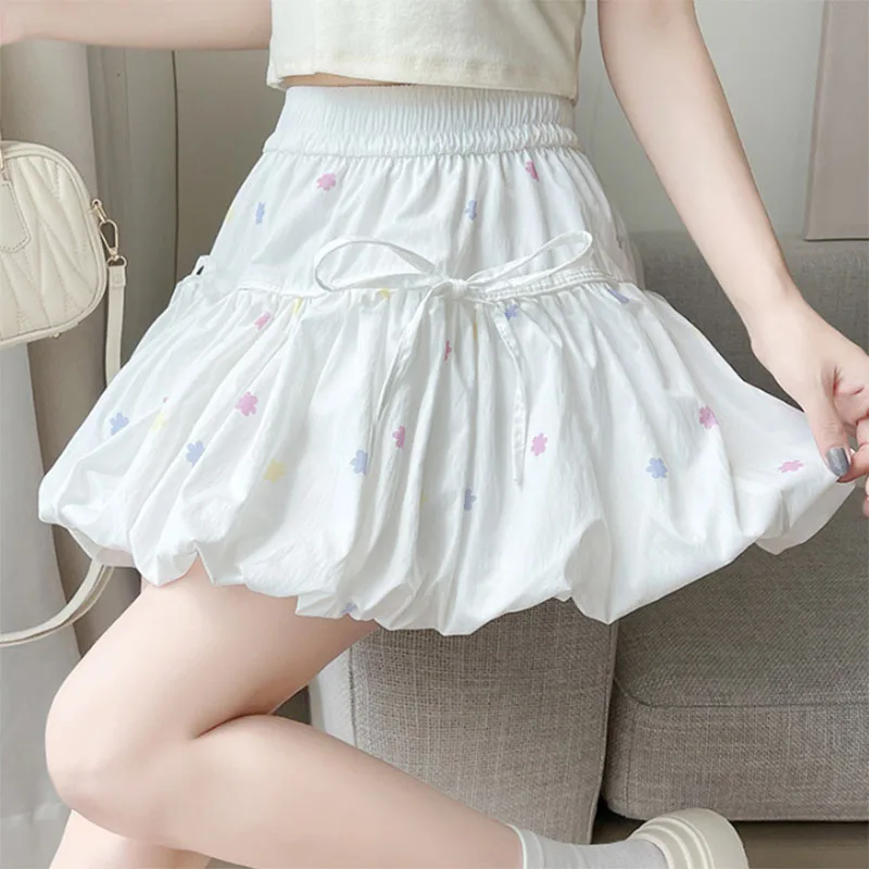 Korean Chic White Flower Bud Skirt Ladies Sweet Ballet Ball Gown Mini Skirt Woman Elastic Waist Bow Lace-Up Print A-Line Skirts