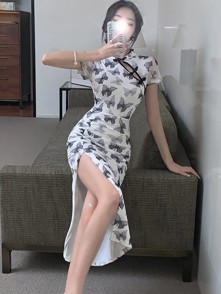 المرأة طباعة شبكة قصيرة الأكمام الوقوف طوق فستان طويل الصيف أنيقة فستان غير رسمي الشق 2025 الكورية خمر Bodycon مساء فستان