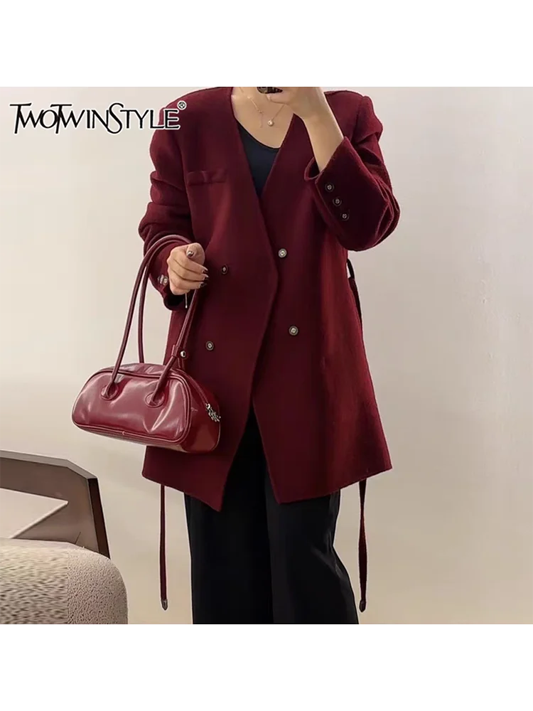 TWOTWINSTYLE Solid Patchwork Sashes Casual Trench For Women V Neck Long Sleeve Spliced Double Breasted Short Coats Female New