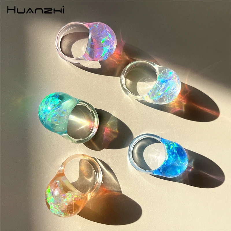 HUANZHI Colorful Transparent Resin Ring Bling Shine Geometric Star Ball Rings for Women Girls Cute Y2K Summer New Jewelry