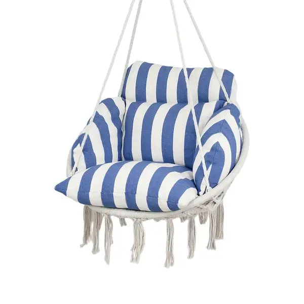 

Outsunny Hammock Swing Chair, Macrame Hanging Chair with Large Cushion, Chain, Steel Frame for Indoor Outdoor, Blue and White