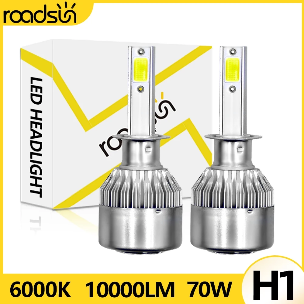 2Pcs C6 LED H1 Super Bright Light Car Headlight Bulb Auto Headlamp 6000k White Light 10000LM 70W COB Chip