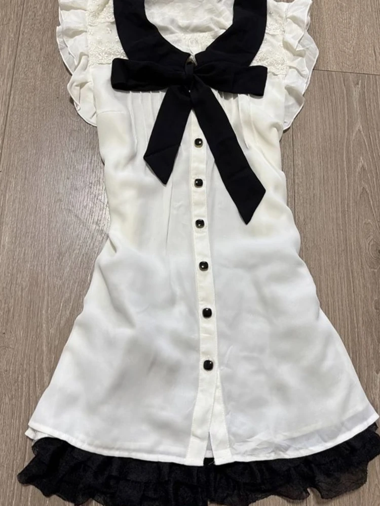 Francês vintage doce arco costura vestido feminino novo design moda mangas voadoras vestidos finos verão estético retro y2k outfits