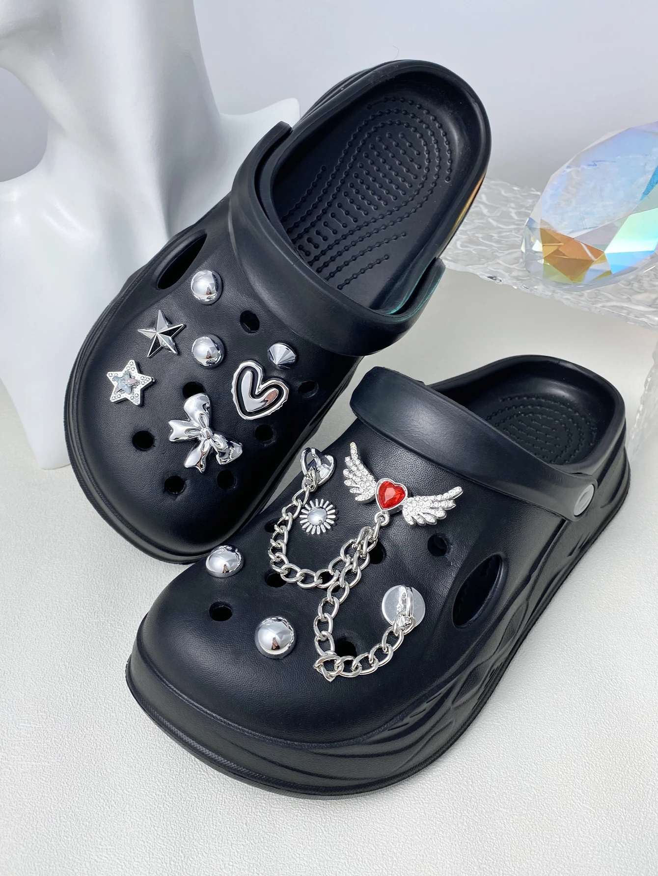 11 pieces of silver bow, love, star and silver ABS drilling chain buckles DIY decoration, suitable for women sandals, slippers,
